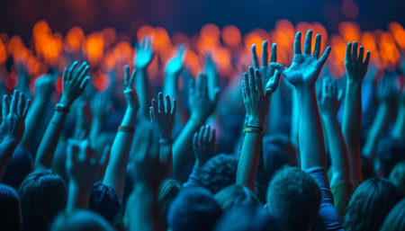 Crowd of people with raised hands at concert, close-upの素材