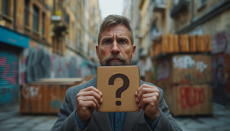 Man with a beard and mustache holding a cardboard box with a question markの素材