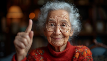 Elderly woman with glasses showing thumbs up. Portrait of an elderly woman wearing glasses.の素材