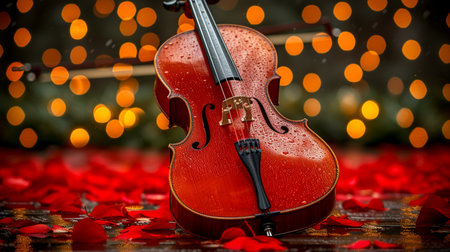 Violin and red rose petals on a bokeh backgroundの素材
