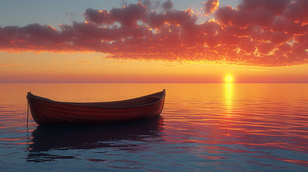 Fantasy landscape with boat on the sea at sunset. 3D illustrationの素材