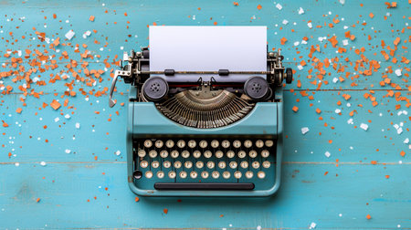 Vintage typewriter with blank paper and confetti on wooden backgroundの素材