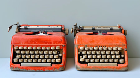 Vintage typewriter on the white table and gray wall background.の素材