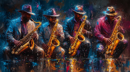 Group of jazz musicians playing the saxophone. Colorful painting.の素材