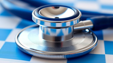 Stethoscope on blue tablecloth, closeup. medical backgroundの素材