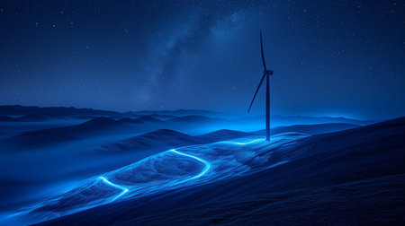 Wind turbines in the mountains at night. 3D rendering. Computer digital drawing.の素材