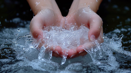 Close-up of woman's hands holding ice cube in water.の素材