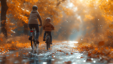 Mother and daughter cycling in autumn forest. Mom teaches her child to ride a bicycle.の素材