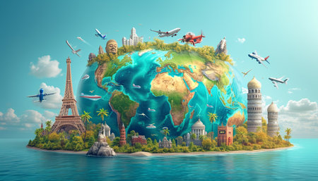Travel around the world concept with famous monuments and landmarks of the worldの素材
