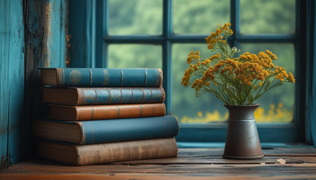 Vintage books and a vase of flowers on the windowsillの素材