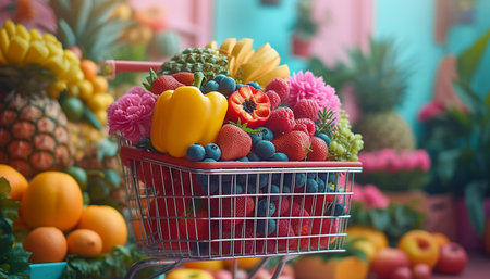 Shopping cart full of fresh fruits and vegetables, healthy food conceptの素材