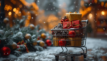 Shopping cart with christmas gifts and decorations on snow background.の素材