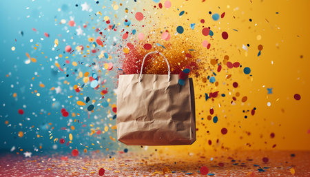 Shopping bag with colorful confetti flying in the air. 3d renderingの素材