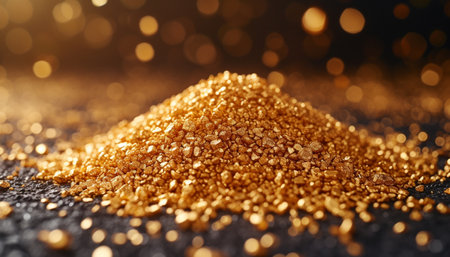 Pile of golden sesame seeds on dark background, closeupの素材