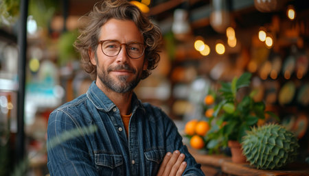 Portrait of handsome man in glasses looking at camera and smiling while sitting in cafeの素材