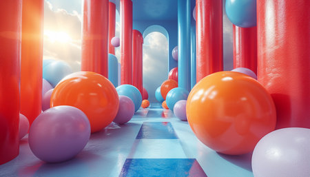 3D rendering of a corridor with balloons and sunlight in the backgroundの素材
