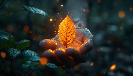 Close up of human hand holding a shining leaf with bokeh background. environment conceptの素材