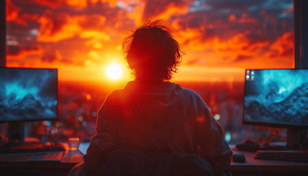 Silhouette of a young man sitting at a table in front of a computer and watching a beautiful sunsetの素材
