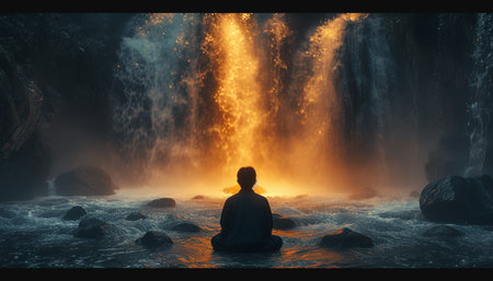 Man meditating in front of a waterfall. 3D Renderingの素材