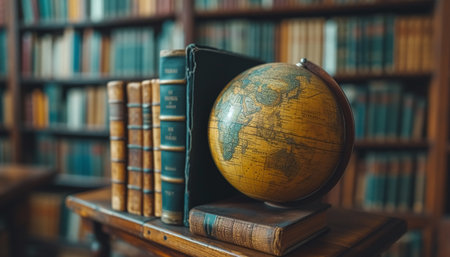 Globe and books on a shelf in the library. Vintage style.の素材