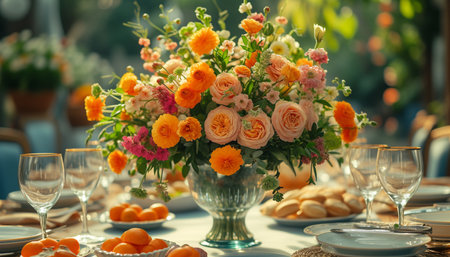 Beautiful table setting with flowers and crockery, selective focusの素材
