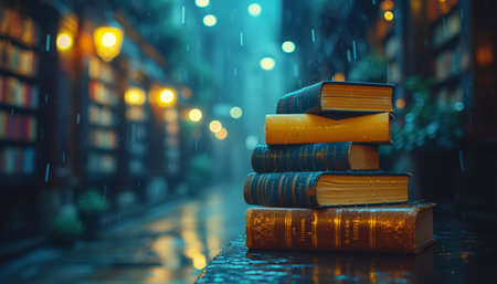 Stack of books in the rain on the background of the night city.の素材