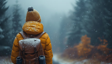 A man in a yellow jacket and a hat with a backpack stands on the edge of the road in the winter forest.の素材
