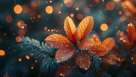 Frozen leaves with bokeh background. 3d rendering.の素材