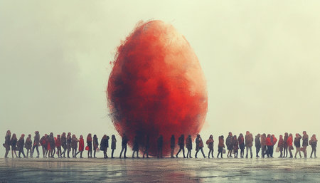Group of people and big red easter egg in foggy weatherの素材