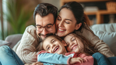Happy family spending time together at home. Mother, father and their daughter are hugging and smiling.の素材