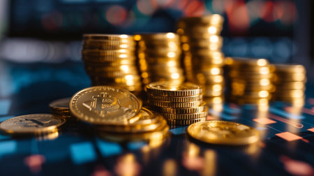 Golden coins on the table. Cryptocurrency and finance concept.の素材
