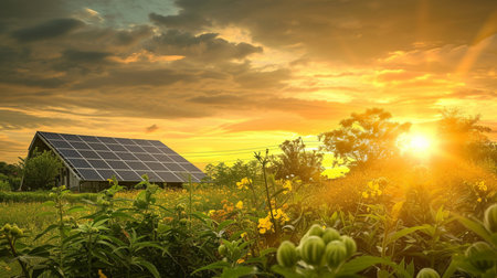 Solar panels and sunflower field at sunset. Alternative energy concept.の素材
