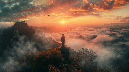 Silhouette of a man standing on the edge of a cliff and watching the sunrise.の素材