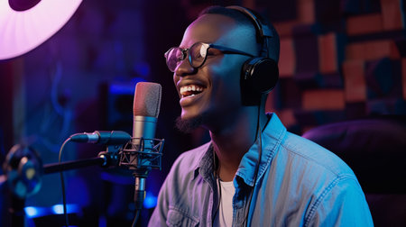 african american singer in headphones singing into microphone in recording studioの素材