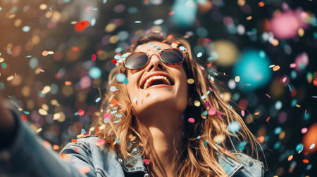 Cheerful young woman in sunglasses having fun with confetti outdoorsの素材