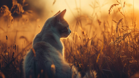 Cute cat sitting in the meadow at sunset. beautiful petの素材