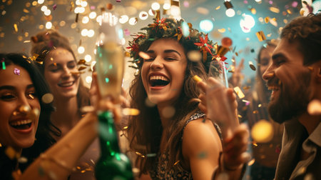 Group of friends having fun and dancing at a party with confetti.の素材
