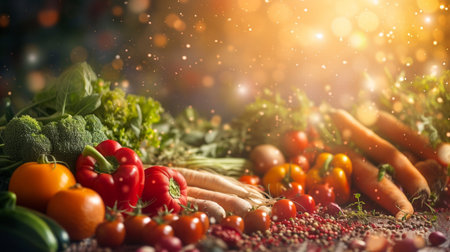 Fresh organic vegetables on wooden table with bokeh background. Healthy food concept.の素材