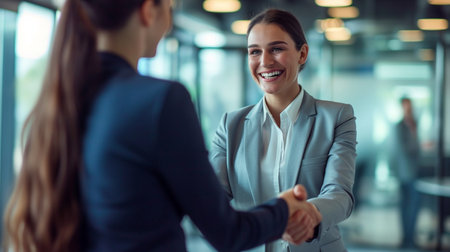 Business people shaking hands, finishing up a meeting. Business people shaking hands, finishing up a meeting.の素材
