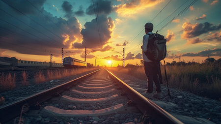 Traveler with backpack and camera standing on railway tracks at sunset.の素材