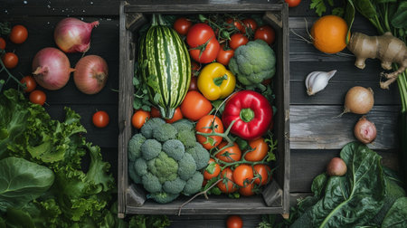 Variety of fresh vegetables in a wooden box. top viewの素材