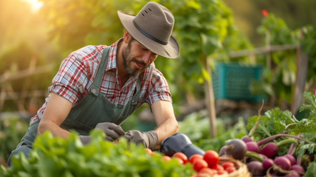 Portrait of male gardener working in vegetable garden on sunny dayの素材