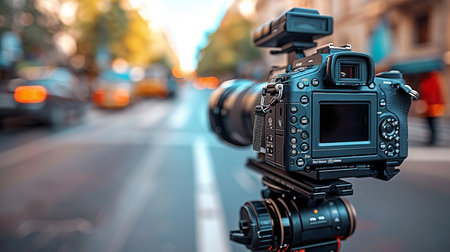 Professional video camera on tripod on blurred city street background. Filtered image processed vintage effect.の素材