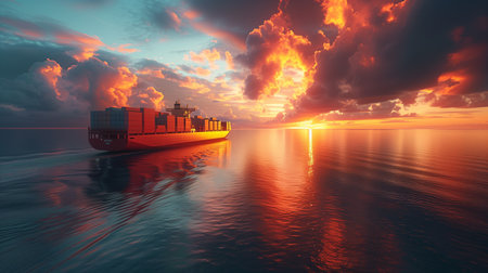 Cargo ship in the sea at sunset, 3d render illustrationの素材