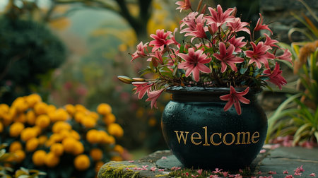 welcome word written in a clay pot with pink flowers in the gardenの素材