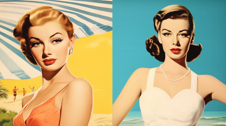 Portrait of a beautiful woman on the beach. Retro style.の素材