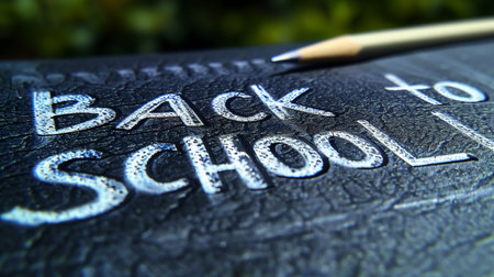 Back to school written on a book with pencil. Close-up.の素材