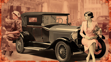 Vintage photo of a woman with a car in the city.の素材