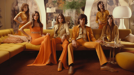 Three beautiful women sitting on sofa and looking at camera. Girls in orange clothesの素材