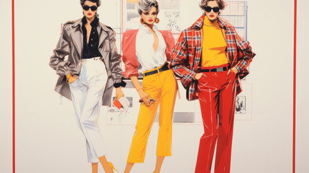 illustration of Fashionable women in sunglasses in red and yellow clothes on white backgroundの素材